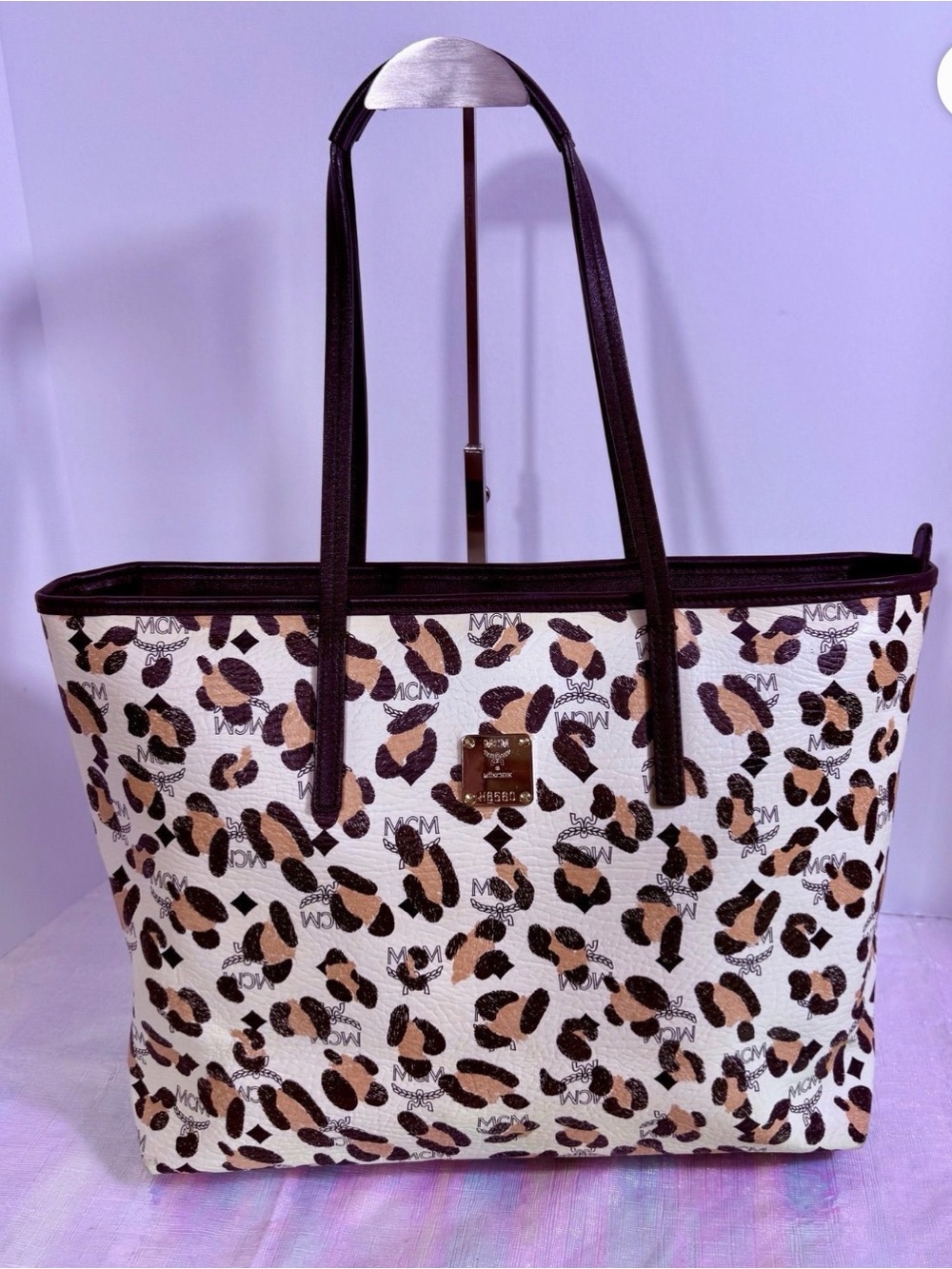 MCM Leopard-Print Coated Canvas Tote in Brown and Cream